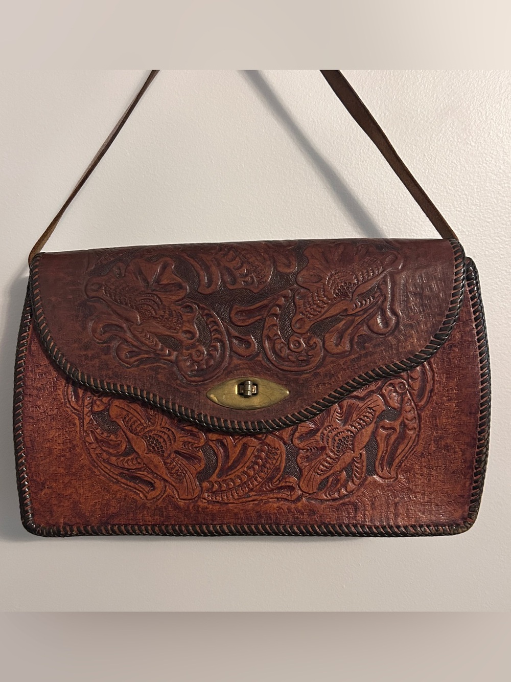 Vintage Hand Tooled Leather Purse with Brass Hardware and Monogrammed “DES”